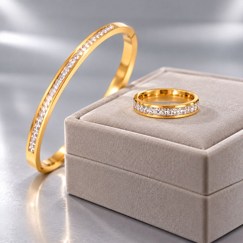 Women's 2pc Bracelet & Ring Set, Rectangular Bevel-Cut Zirconia